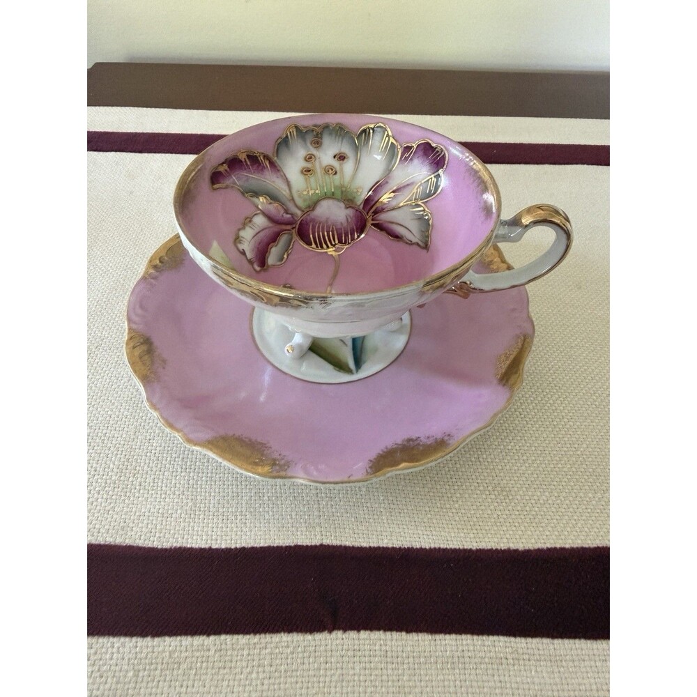 VTG Royal Sealy Teacup and Saucer Set with Pink Interior Lotus Flower Gold Trim
